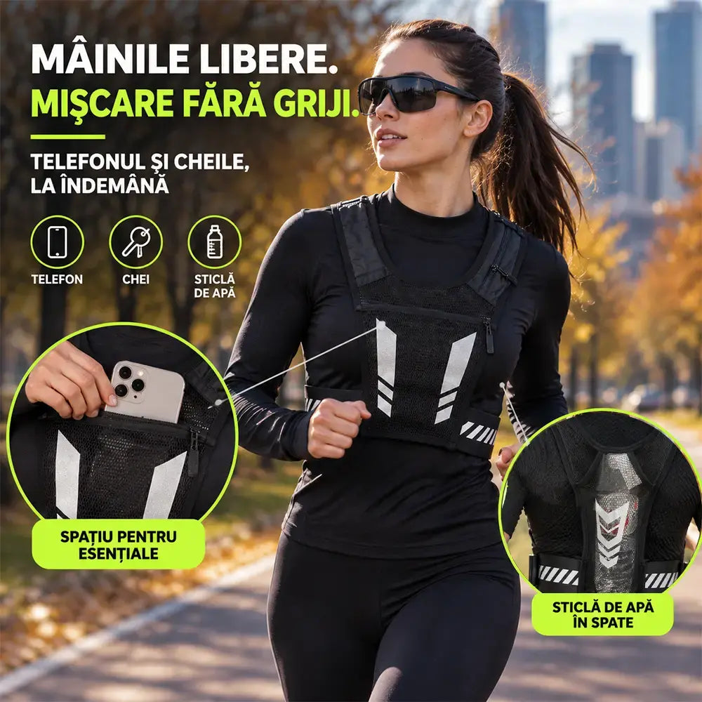 🏃 Vestă de Alergare și Sport cu Geantă pentru Piept · Buzunar cu Fermoar pentru Telefon · Suport Spate pentru Sticlă de Apă · Detalii Reflectorizante pentru Noapte · Plasă Respirabilă și Curele Reglabile!