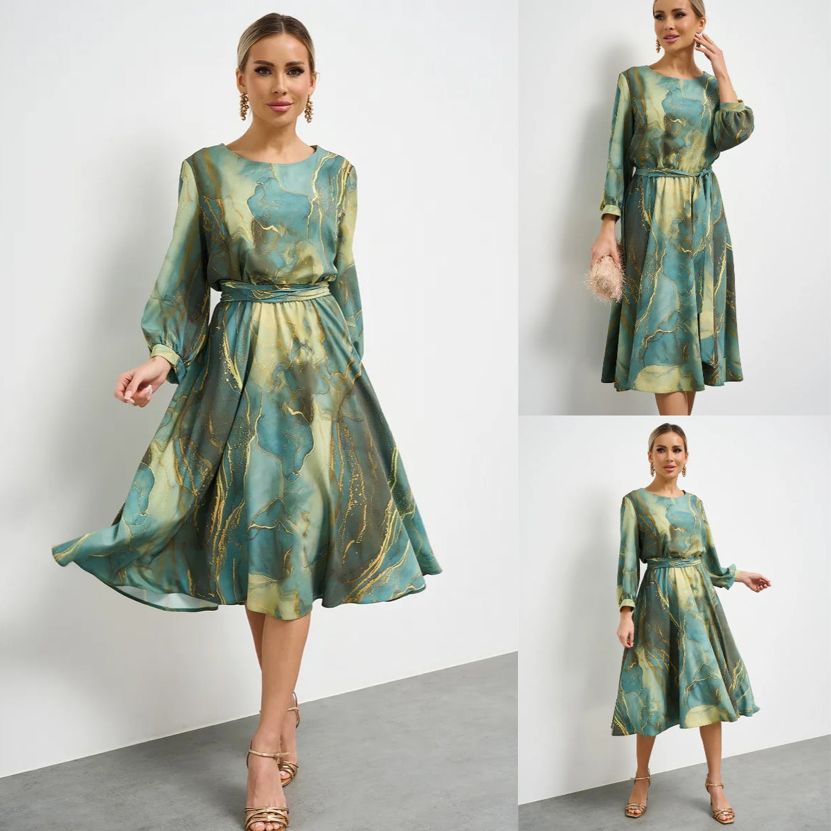 🌿👗【Zână de primăvară】 rochie verde elegantă cu mânecă lungă și fustă🌸💃 3904786