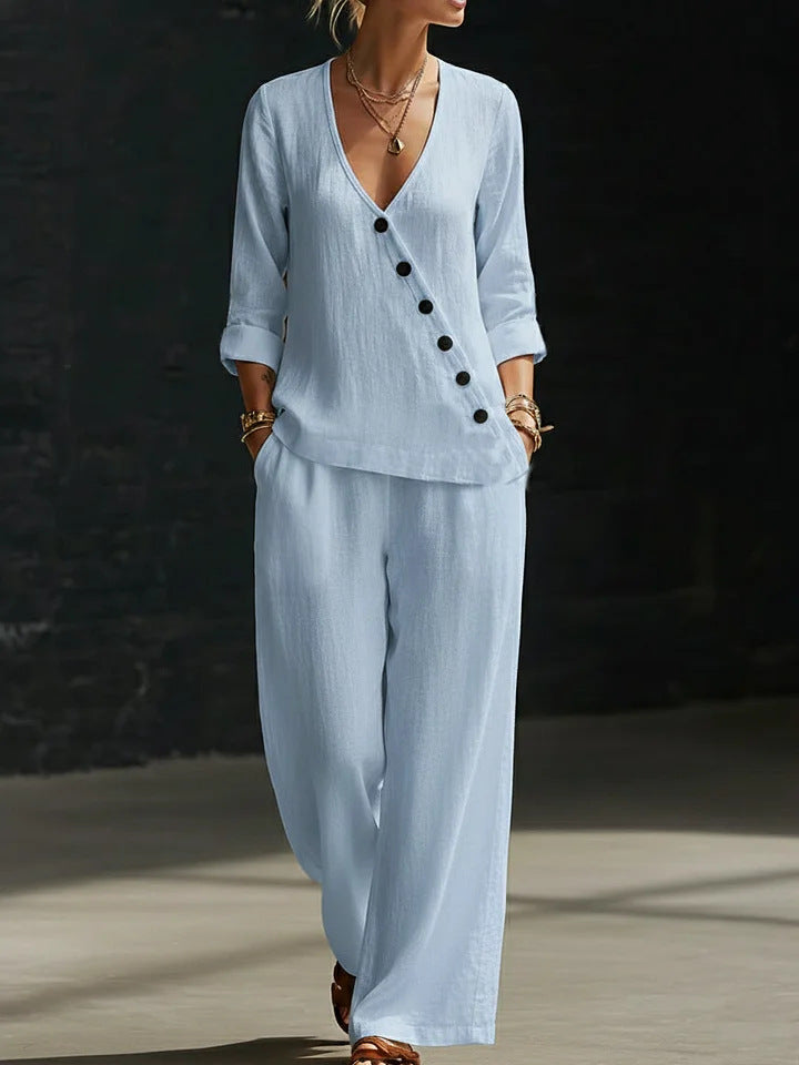 🥰【Bluză + Pantaloni】(40-120 kg) Set din două piese - Bluză simplă cu decolteu în V și pantaloni cu croi larg