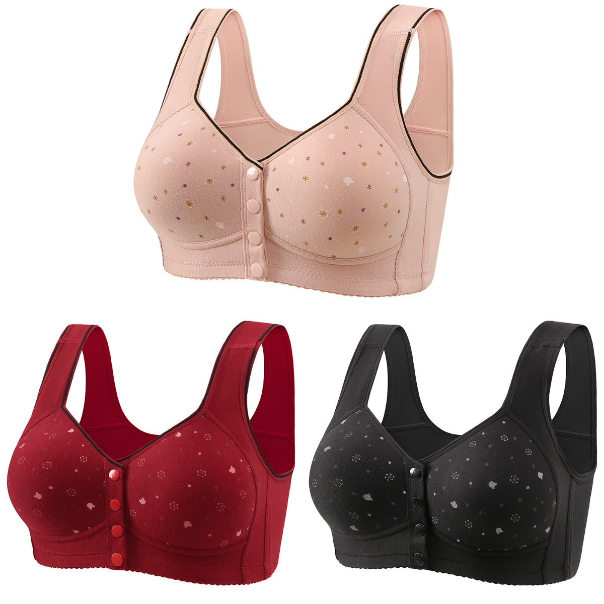 😍【Set de 3 bucăți】Sutien pentru femei fără balene, cu închidere frontală 【40-120 kg】❤️Bumbac natural confortabil și antibacterian