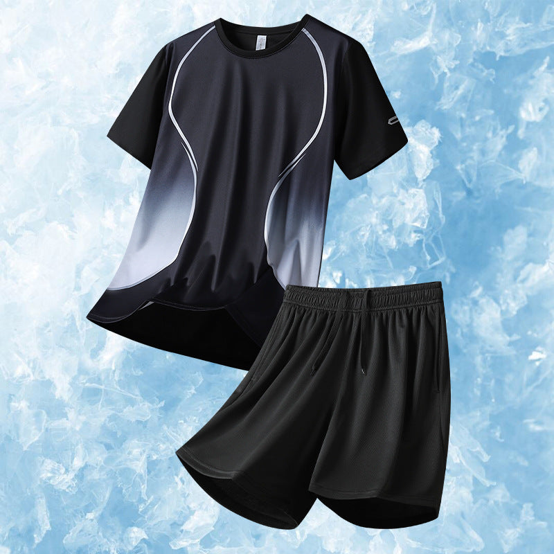 🆒✨ Set sport de vară pentru bărbați, confecționat din țesătură de mătase glacială de înaltă calitate, potrivit pentru alergare, țesătură de plasă cu uscare rapidă.