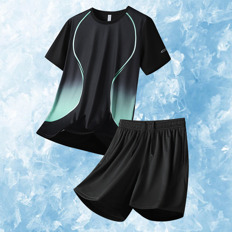 🆒✨ Set sport de vară pentru bărbați, confecționat din țesătură de mătase glacială de înaltă calitate, potrivit pentru alergare, țesătură de plasă cu uscare rapidă.