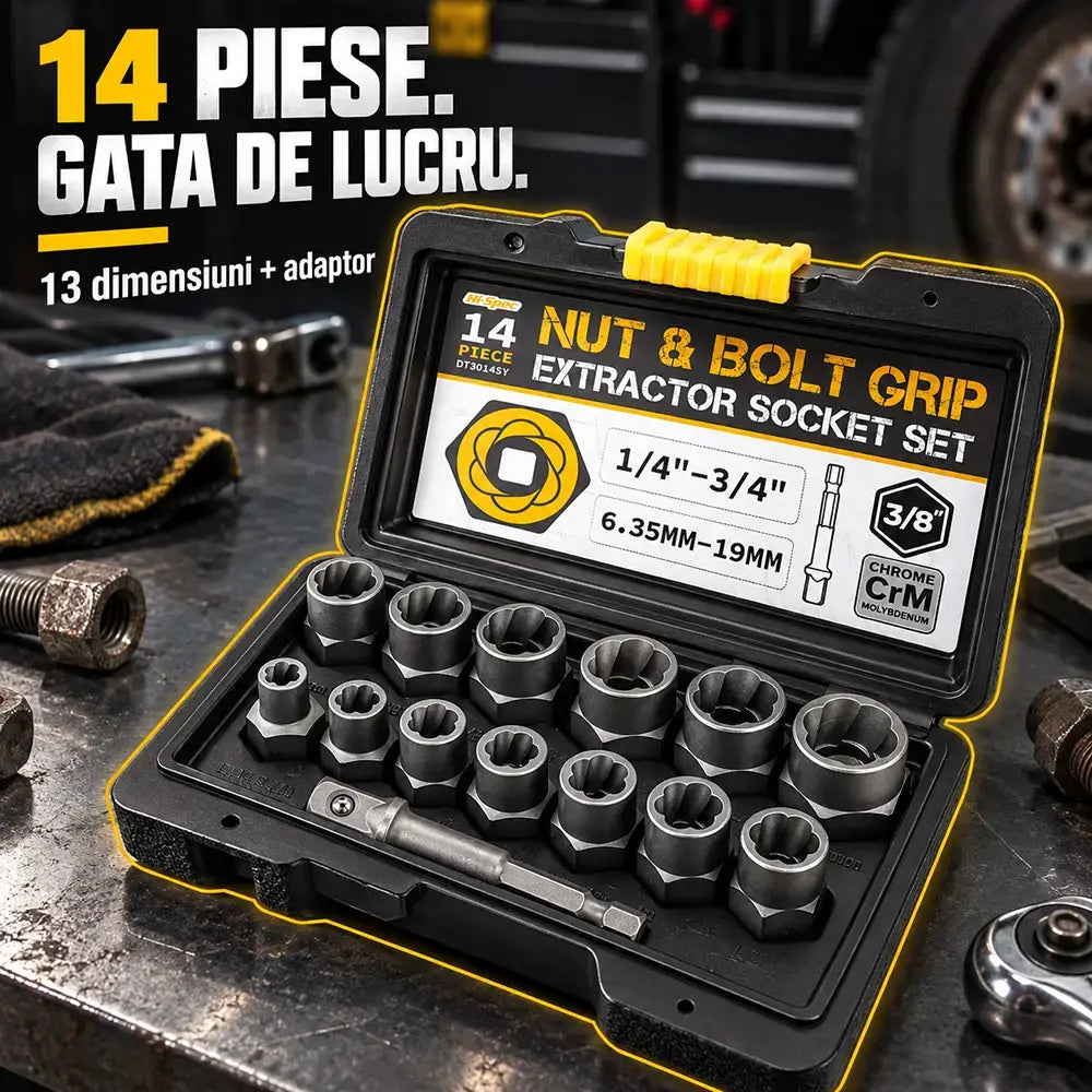 🛠️ O soluție profesională pentru șuruburi blocate! Set de extractoare pentru piulițe și șuruburi deteriorate (14 piese)! Oțel crom-molibden ultra-rezistent · Profil antiderapant · Include geantă de transport!