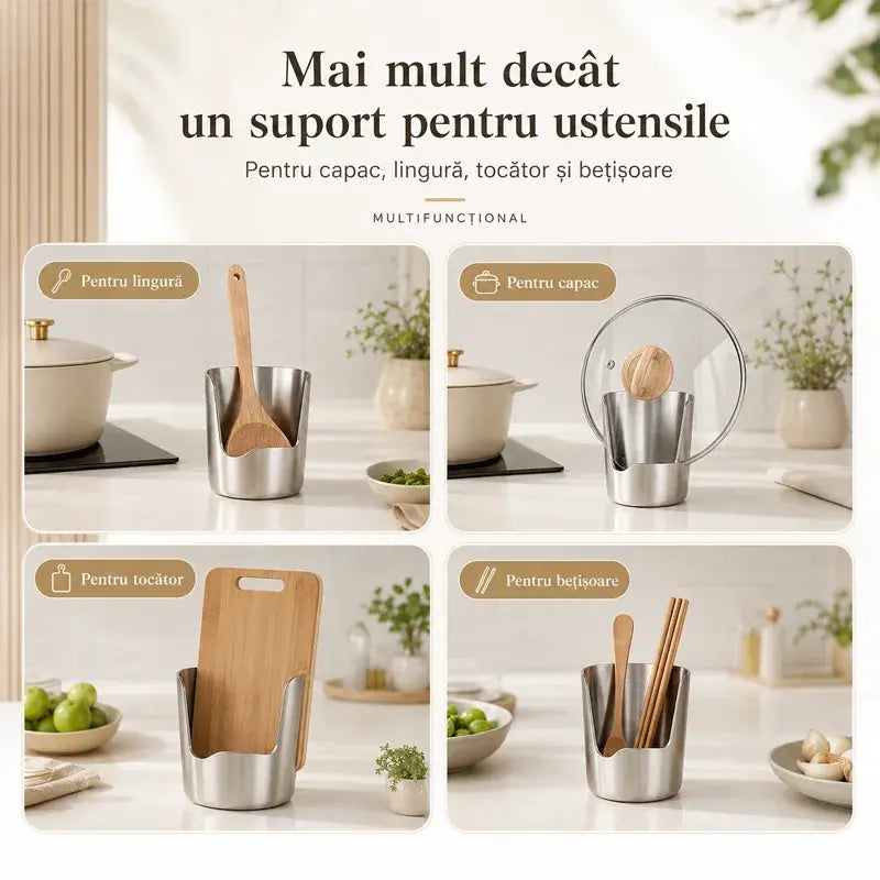 Cumpărați 1 obțineți 1 gratuit--【2 buc】 Suport din Oțel Inoxidabil pentru Capac de Oală, Polonic și Spatule – Organizator de Bucătărie Integrat, Stabil și Antialunecare
