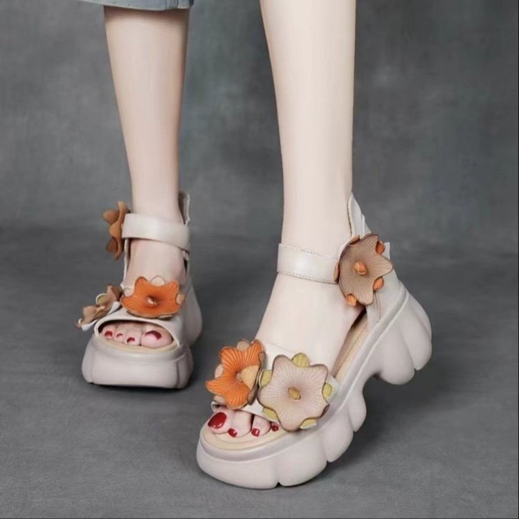 【35-40】Sandale cu talpă groasă pentru femei, model floral etnic