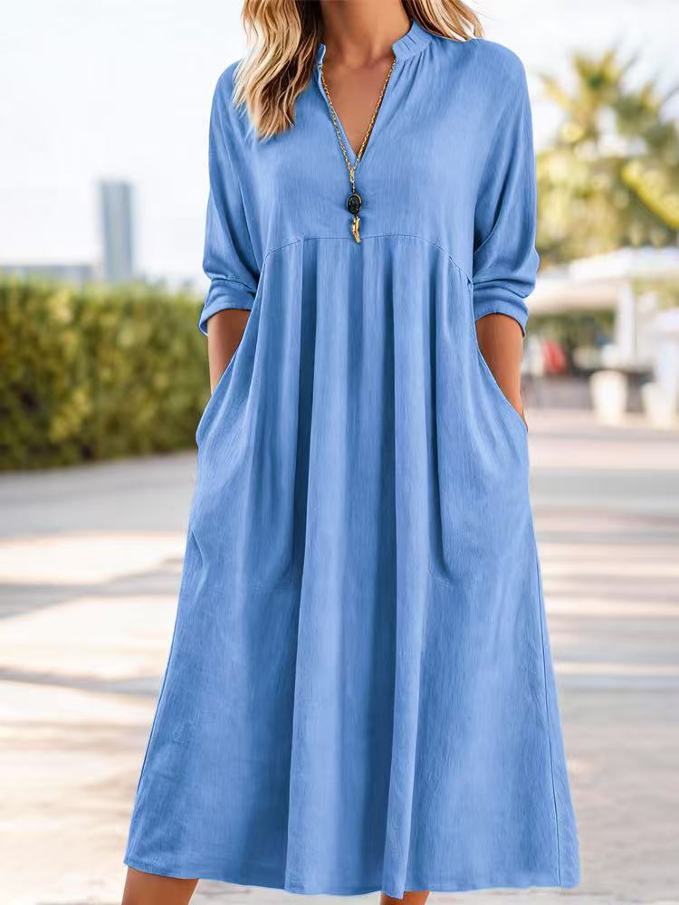 💃50% reducere🔥【40-100kg】Rochie retro nouă la modă, cu decolteu în V, confecționată din bumbac și in