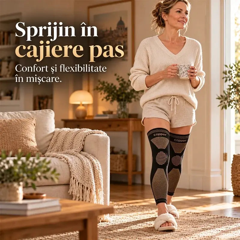 🦵 Genunchieră Lungă cu Grad de Compresie și Cuplu de Cupru · Susținere 360° pentru Toată Piciorul · Banda Antiderapantă din Silicon · Material Respirabil și Termic (M-2XL)!