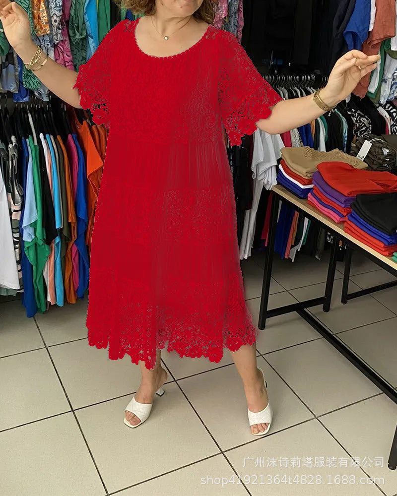 🔥✨【S-8XL】Rochie nouă cu mânecă scurtă, decolteu rotund și dantelă.