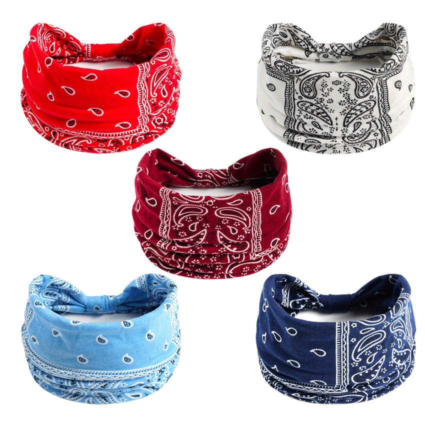 【30% OFF】Bandă pentru cap pentru femei, cu model Boho Paisley, cu noduri - Bentita lată, elastică pentru yoga, alergare și sport - Accesorii elegante pentru păr