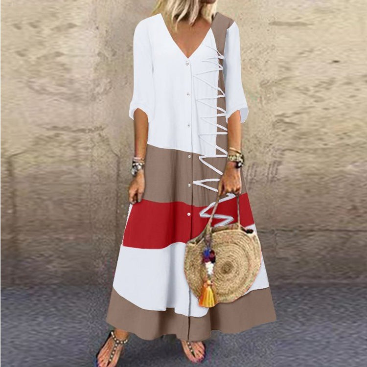💃Reducere 50%🔥【40-120kg】Rochie maxi modernă de vară, cu decolteu în V și nasturi, perfectă pentru o vacanță la plajă.