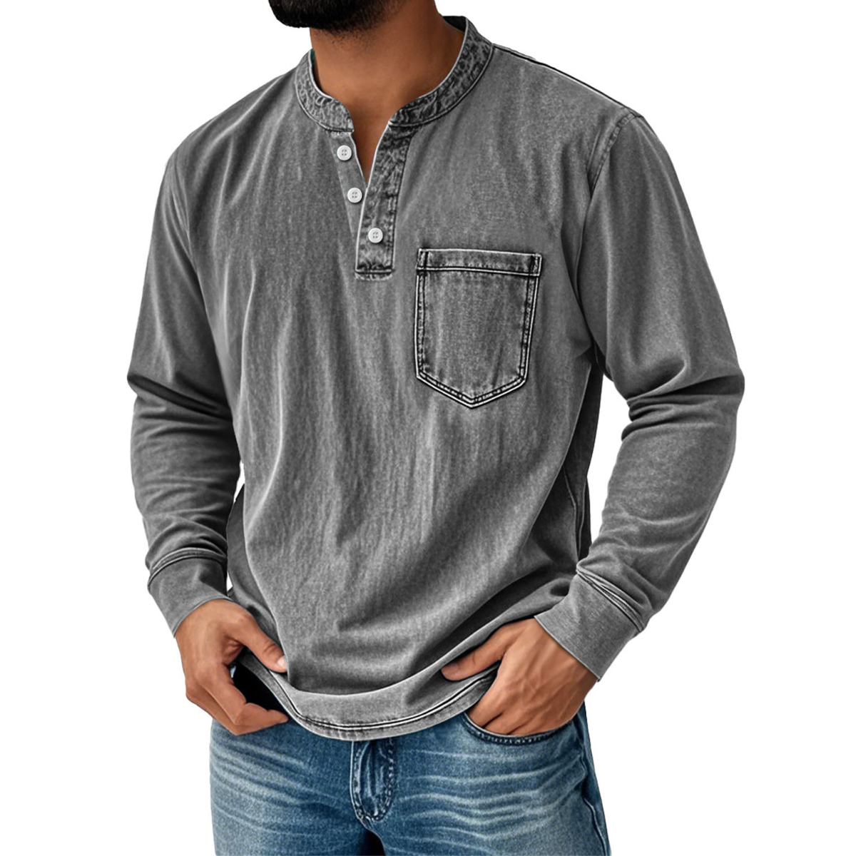 👔🔥Cămașă bărbătească din denim cu mâneci lungi și decolteu în V, cu buzunar