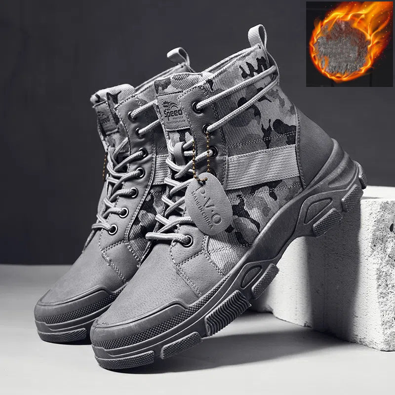 🔥👞【39-44】2024 toamnă și iarnă noua tendință de modă cizme Martin îngroșate de catifea pentru bărbați model de camuflaj-3862511