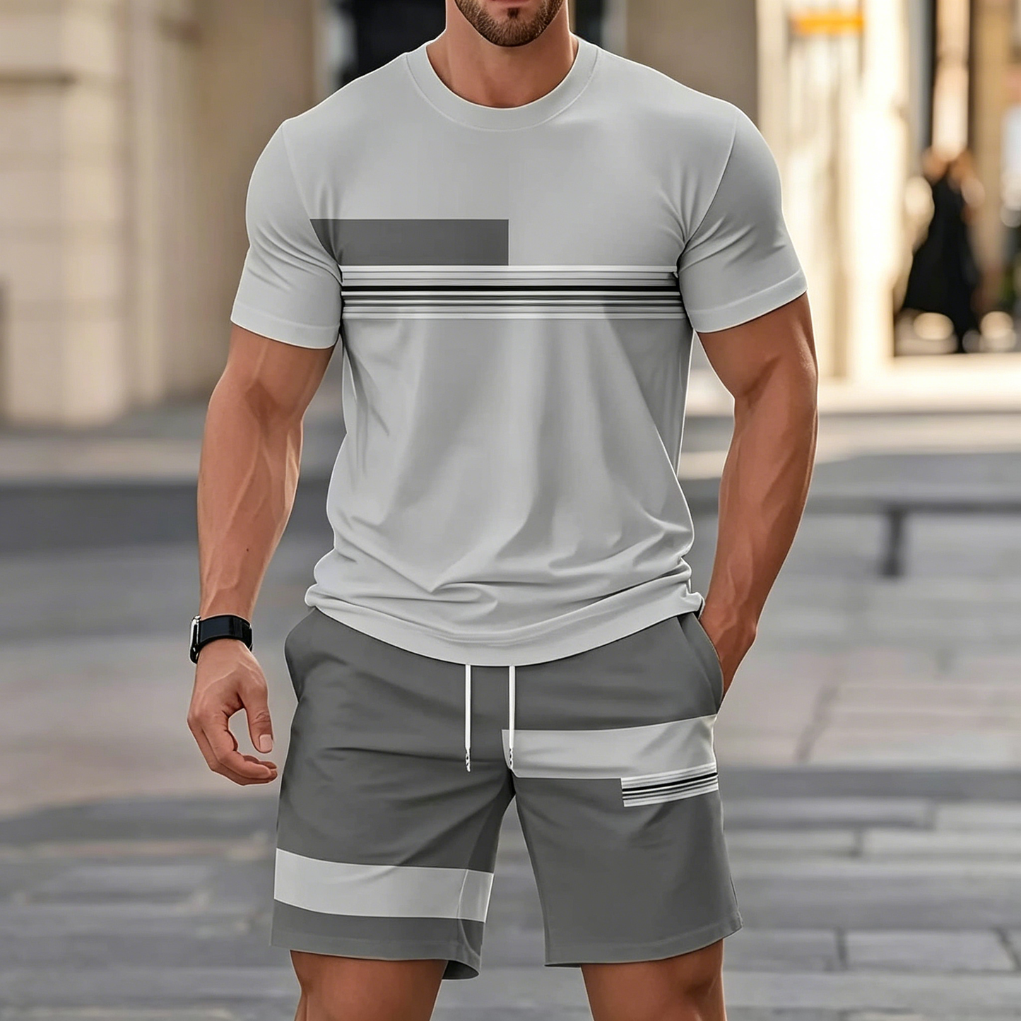 ✨【Plata la livrare】Set sport de vară pentru bărbați, format din 2 piese - tricou confortabil cu mânecă scurtă și pantaloni scurți pentru purtare zilnică și relaxare acasă.