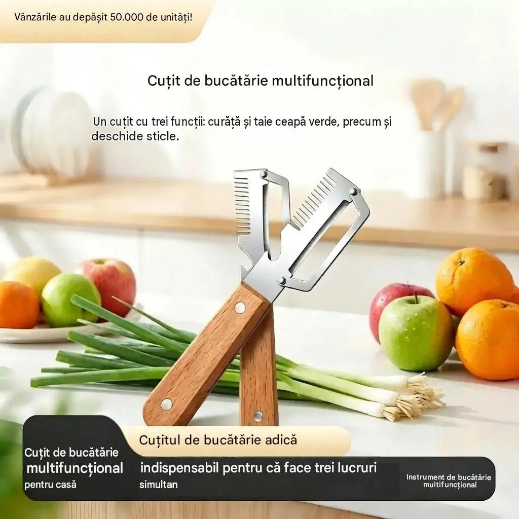 ✅【1+1 GRATIS】2 buc. 129 RON 🧅🔪 Curățător de legume multifuncțional „3 în 1”: curățare, feliere și deschidere sticle! 🔥