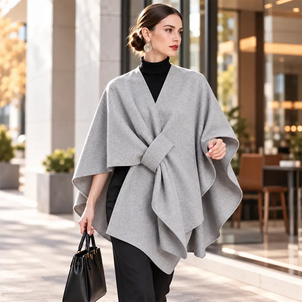 🧥 Șal tip Poncho Multifuncțional din Stofă pentru Toamnă-Iarnă! Design Elegant cu Prindere Suprapusă · Stil Versatil · Călduros și Confortabil!