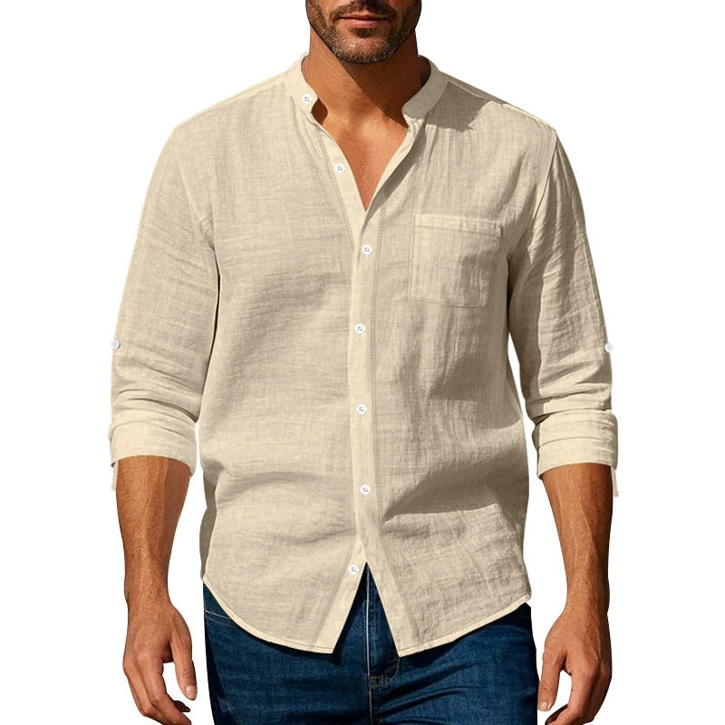 👔🔥 Camisa informal de lino para hombre, manga larga, cuello alto, tejido transpirable.