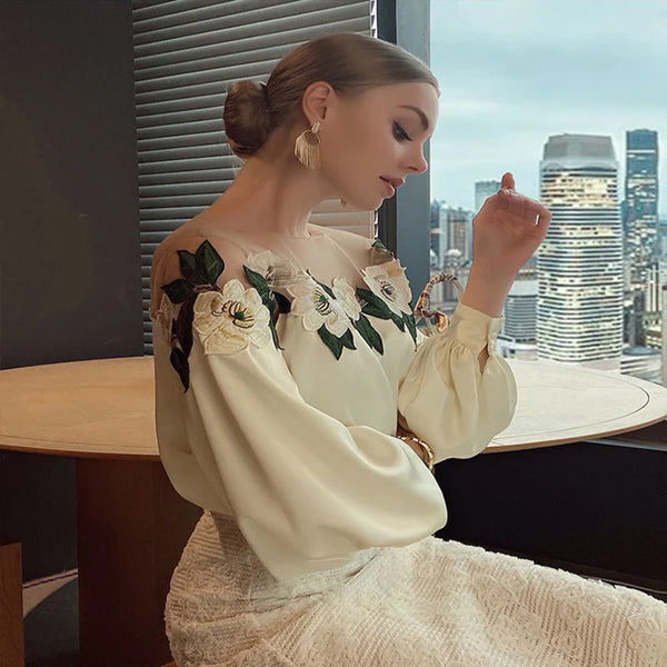 Celebrity styl haftowany ścieg satynowy bluzka kobiety 2025