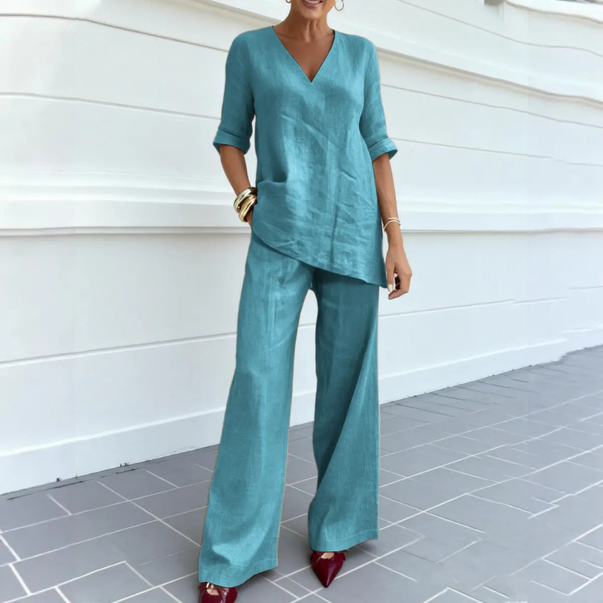 ❤️50% Reducere💥【40-100 kg】Set 2026: Top uni din bumbac și in, mânecă scurtă și decolteu în V + pantaloni casual drepți ✅️Ramburs la livrare