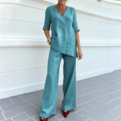 ❤️50% Reducere💥【40-100 kg】Set 2026: Top uni din bumbac și in, mânecă scurtă și decolteu în V + pantaloni casual drepți ✅️Ramburs la livrare