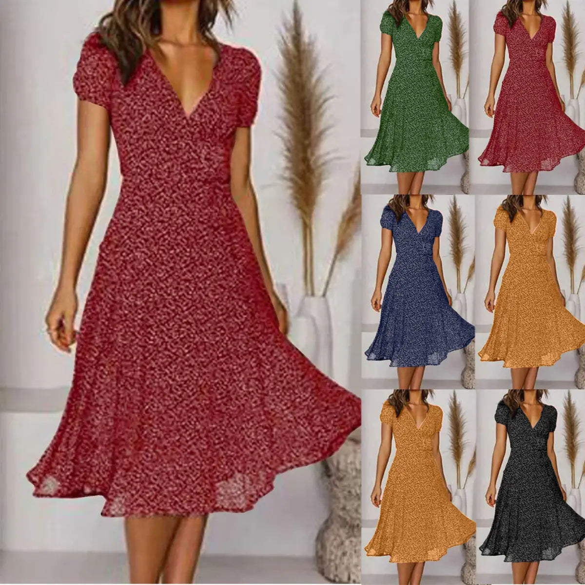 🌈👗 Reducere 50%🔥【40-100kg】Rochie cu mânecă scurtă, decolteu în V și model floral cu buline, mărimi mari