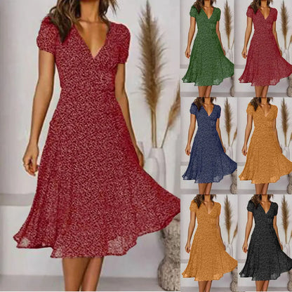 🌈👗 Reducere 50%🔥【40-100kg】Rochie cu mânecă scurtă, decolteu în V și model floral cu buline, mărimi mari