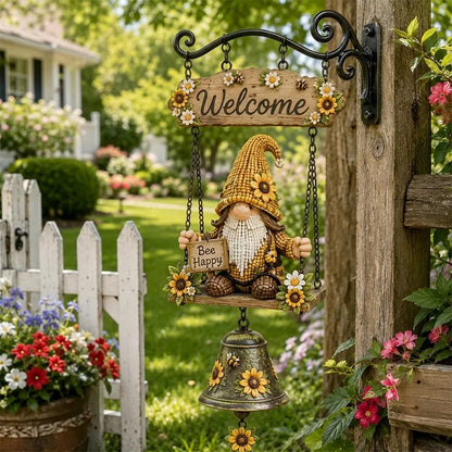🎅Clopoțel de Bun Venit cu Pitic de Grădină, Plăcuță „Welcome”, Clopoțel Retro din Bronz, Suport de Perete din Fier, Decorațiune Curte și Terasă