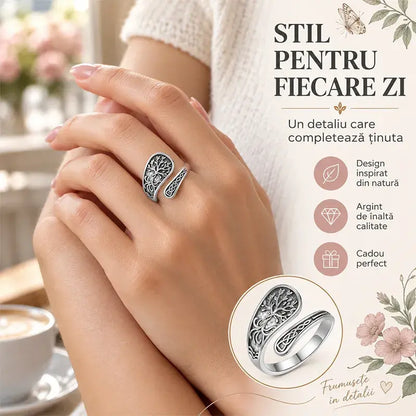 Inel Reglabil din Argint Vintage – În Stil Boho/Retro cu Motive de Fluture, Flori și Copacul Vieții (Inel Deschis, Ajustabil) 🦋🌸🌳