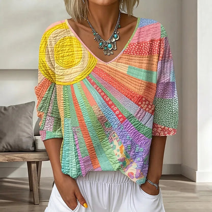 ⏰Tricou cu mânecă trei sferturi, decolteu în V, imprimeu floral retro și imprimeu artistic în gradient.