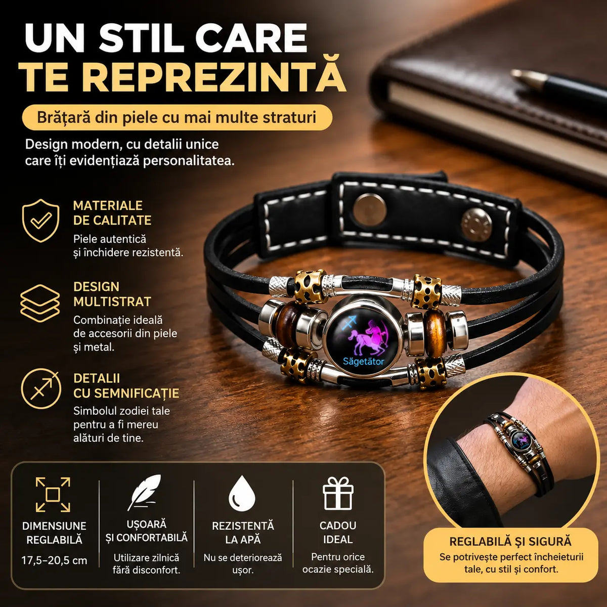 🌙 Brățară din piele luminoasă, cu simbol zodiacal – design împletit în 3 straturi, lungime reglabilă, unisex 💫✨