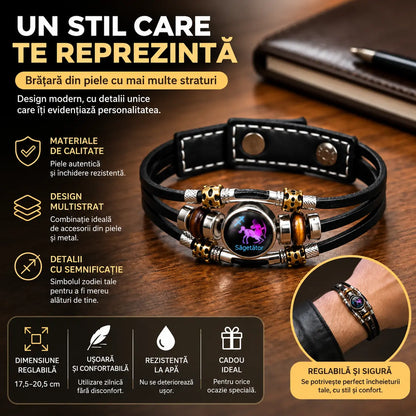 🌙 Brățară din piele luminoasă, cu simbol zodiacal – design împletit în 3 straturi, lungime reglabilă, unisex 💫✨