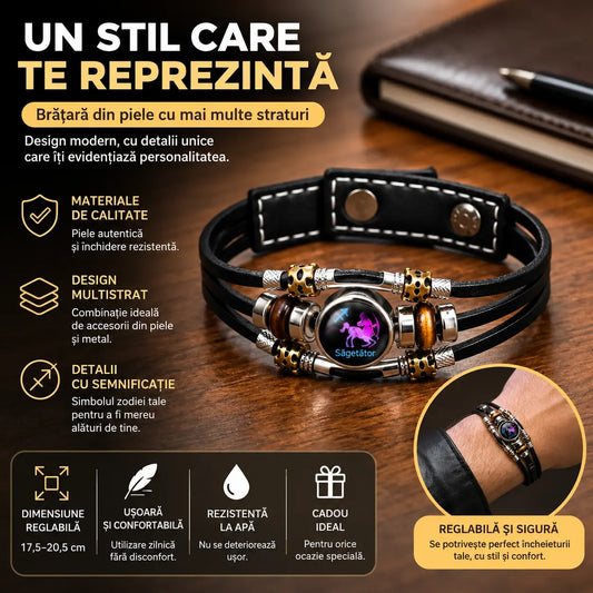 🌙 Brățară din piele luminoasă, cu simbol zodiacal – design împletit în 3 straturi, lungime reglabilă, unisex 💫✨