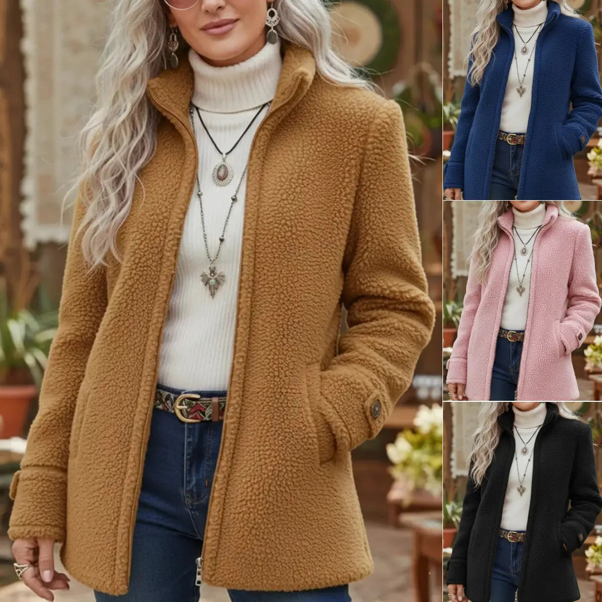 Palton lejer de damă din lână, cu fermoar și căptușeală din fleece, mărimi S–3XL