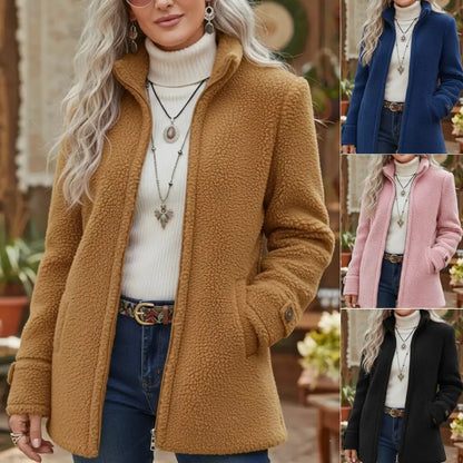 Palton lejer de damă din lână, cu fermoar și căptușeală din fleece, mărimi S–3XL