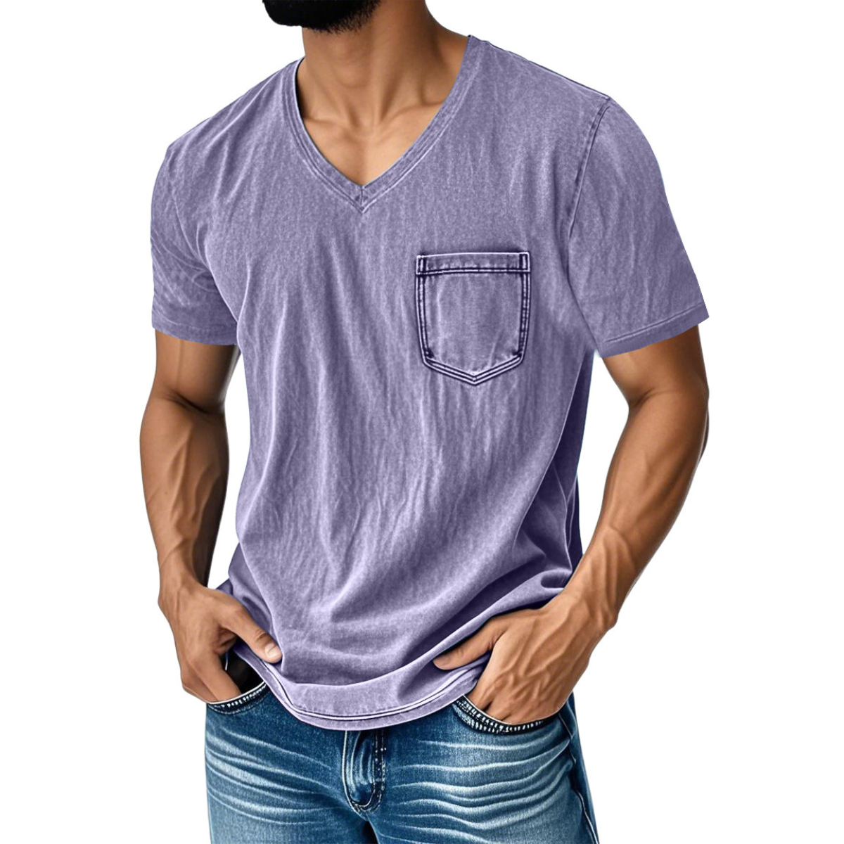 👔 50% reducere🔥【40-120 kg】Tricou bărbătesc din denim, casual, lejer, cu decolteu în V și mânecă scurtă ✅️Ramburs la livrare