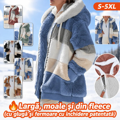 🔥 Ultima zi – REDUCERE 50% ❄️ Palton călduros pentru femei, model nou 2026, cu design plușat și dungi contrastante, glugă, fermoar și buzunare, croială lejeră, mărimi S–5XL ✅ Plată la livrare