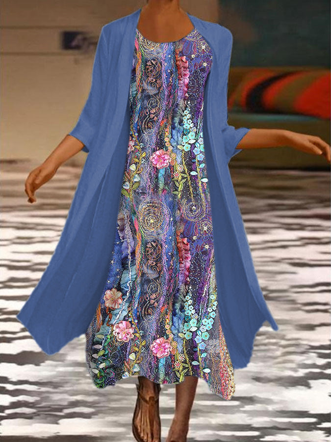 🌻 Reducere -50%🔥【40-120 kg】Rochie nouă pentru femei cu imprimeu floral, rochie din două piese și decolteu rotund