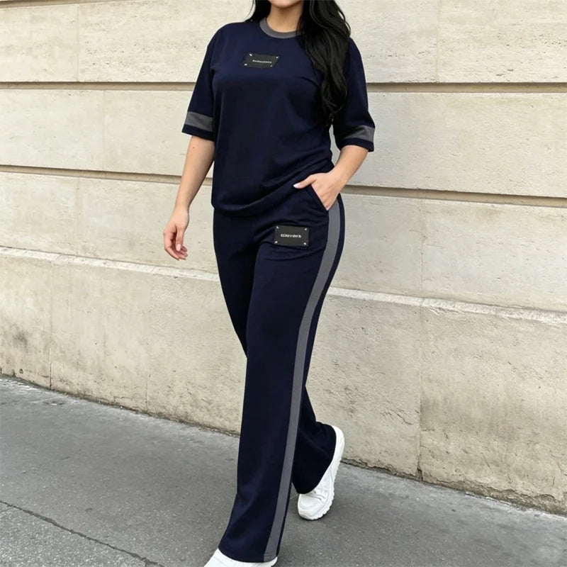 🔥🔥Trening de vară pentru femei, format din 2 piese, tricou casual cu dungi contrastante și pantaloni sport lungi, material subțire, respirabil și răcoros.