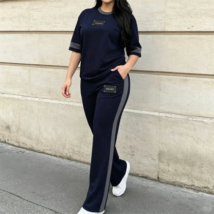 🔥🔥Trening de vară pentru femei, format din 2 piese, tricou casual cu dungi contrastante și pantaloni sport lungi, material subțire, respirabil și răcoros.