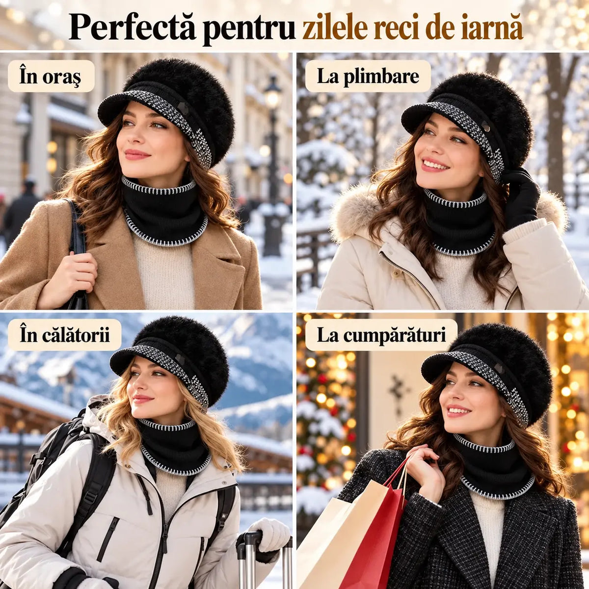 ❄️Ținută elegantă de iarnă, din două piese: Șapcă de baseball din amestec de blană de iepure cu apărători pentru urechi + eșarfă tricotată!