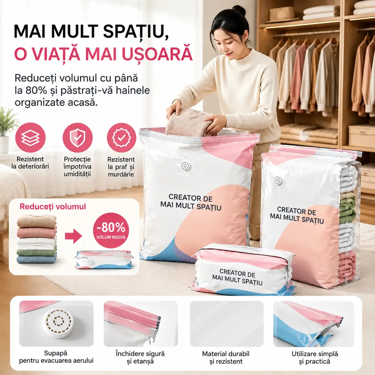 🧳【Set de 5 bucăți】💨 Saci mari de depozitare în vid, compresibili – fără pompă, etanși, ideali pentru economisirea spațiului în valize și acasă ✈️