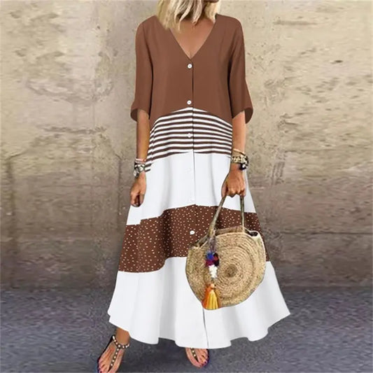 💃【40-120kg】Rochie lungă cu decolteu în V, mâneci scurte, imprimeu și nasturi pentru un look casual