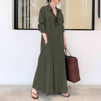 💖 Rochie-cămașă din bumbac și in, cu guler și mâneci lungi cu buzunare, stil simplu, lejer și casual.