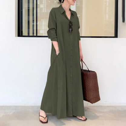 💖 Rochie-cămașă din bumbac și in, cu guler și mâneci lungi cu buzunare, stil simplu, lejer și casual.