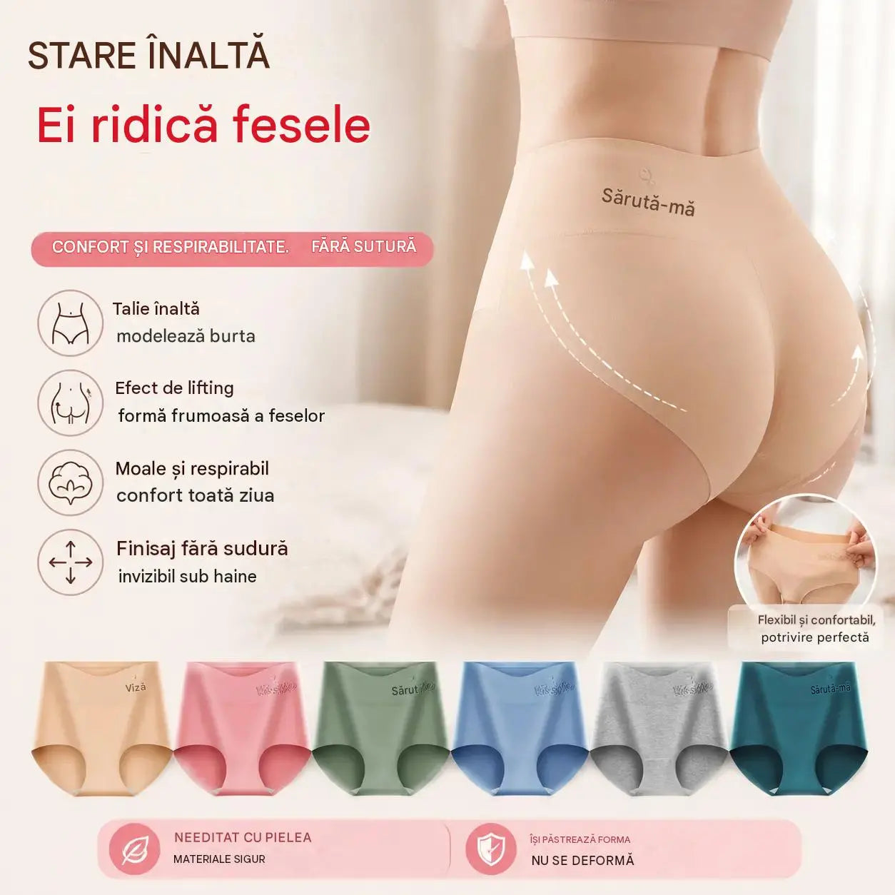 💖【🔥6 bucăți la doar 149 lei】Chiloți talie înaltă cu efect de ridicare a șoldurilor, fabricați din bumbac de calitate superioară ✨️ (potriviți pentru greutatea 45–105 kg)