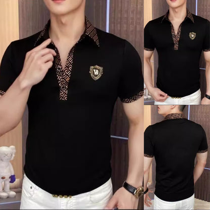 【🔥Promoție fierbinte】👕‍♂️ Tricou polo elegant cu rever pentru bărbați - negru clasic cu broderie rafinată