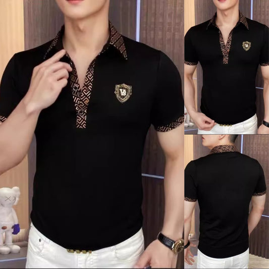 【🔥Promoție fierbinte】👕‍♂️ Tricou polo elegant cu rever pentru bărbați - negru clasic cu broderie rafinată