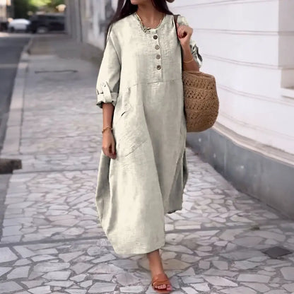 💃【40-120kg】Rochie de damă de vară, casual, de culoare uni, din bumbac și in, cu decolteu rotund