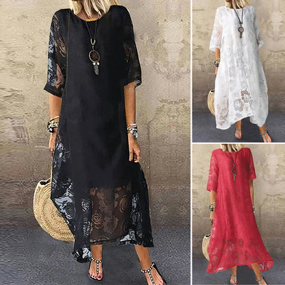 💃50% reducere🔥Rochie lungă din dantelă, cu mâneci scurte și decolteu rotund, de zi cu zi