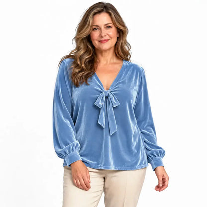 ✨ Nou stil pentru toamnă-iarnă – Top elegant din catifea, cu decolteu în V și detaliu cu legătură