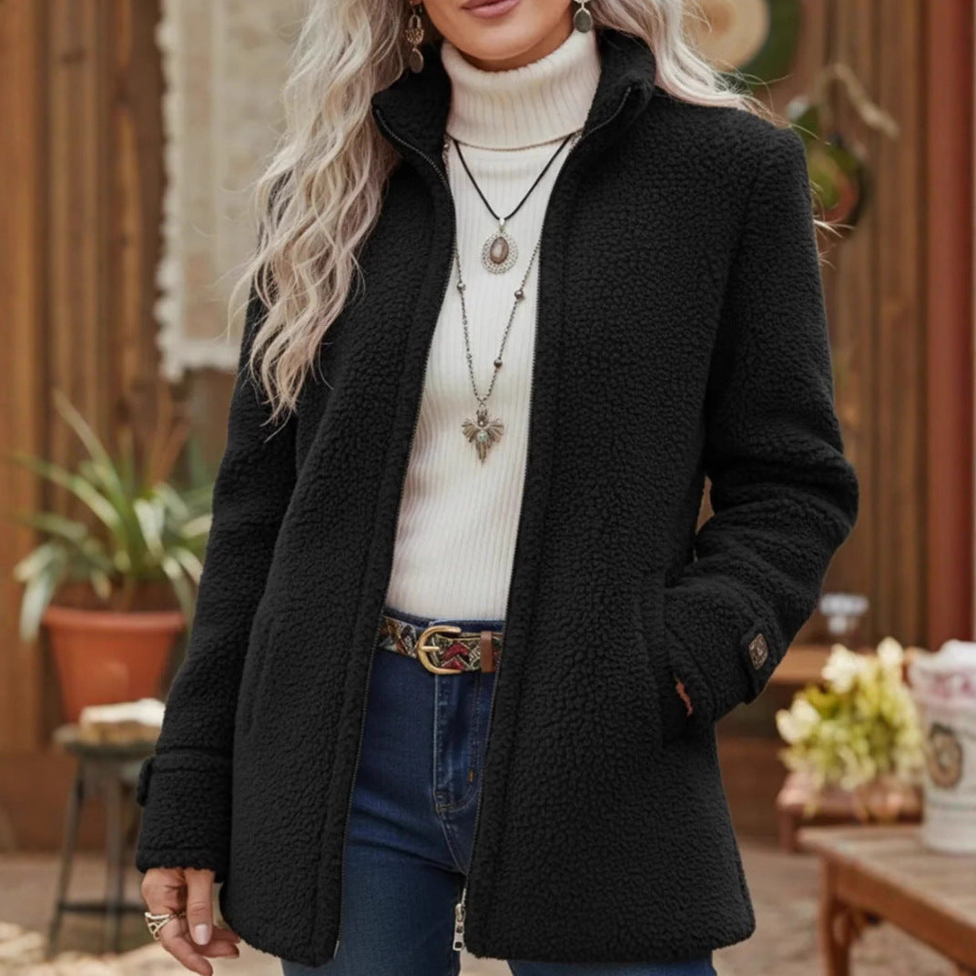 Palton lejer de damă din lână, cu fermoar și căptușeală din fleece, mărimi S–3XL